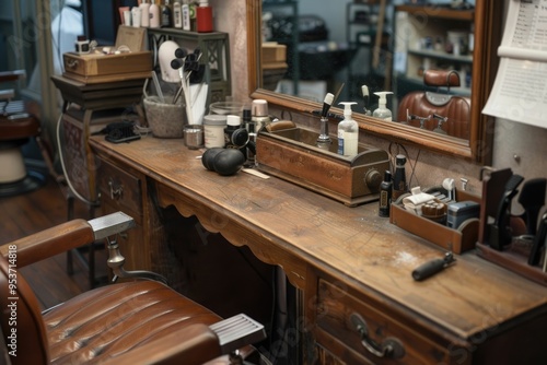 Vintage barber equipment on wood desk Vintage barber equipment on wood desk with place for text