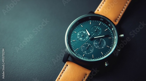 A high-quality AI-generated stock image of a stylish wristwatch with a leather band on the right side, leaving space on the left for text. Perfect for fashion ads or timepiece promotions.