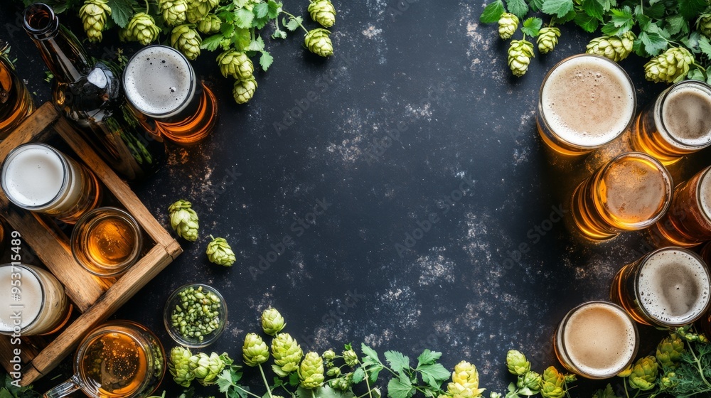 Top View of Various Beers in Glasses with Fresh Hops on Dark Background Top View of Various Beers in Glasses with Fresh Hops on Dark Background