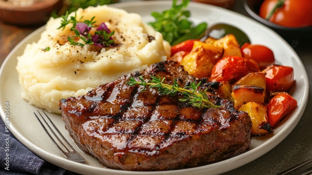 A close-up shot plate of meat with a side of mashed potatoes and vegetables. The meat is cooked and seasoned perfectly, and the vegetables are roasted A close-up shot plate of meat with a side of mashed potatoes and vegetables. The meat is cooked and seasoned perfectly, and the vegetables are roasted