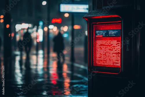 Red Illuminated Display in Wet City Street at Night photo