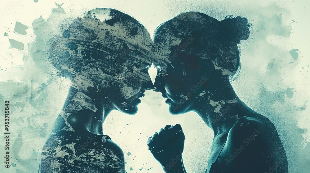 Multiple exposure with man and woman silhouette and clash of their fists. Concept of confronting.generative AI Multiple exposure with man and woman silhouette and clash of their fists. Concept of confronting.generative AI