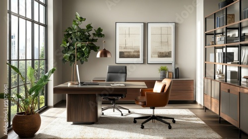 Modern Office Interior with Desk, Leather Chair, and Bookshelf