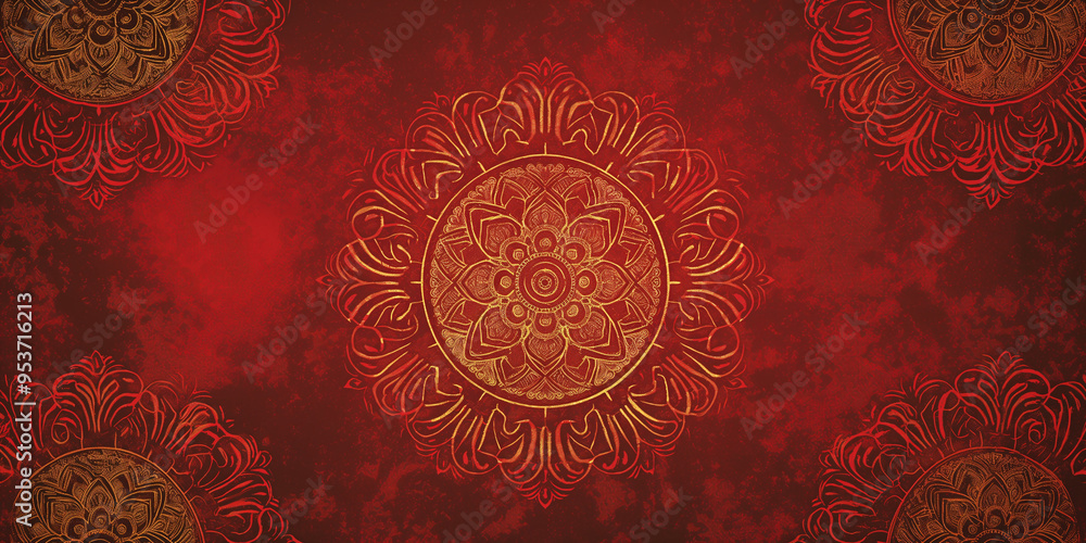 Red background with intricate antique gold mandala patterns, luxurious and elegant
Red background with intricate antique gold mandala patterns, luxurious and elegant