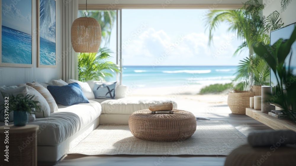 Fototapeta premium Bold Patterns and Ocean Textures in Coastal Living Room