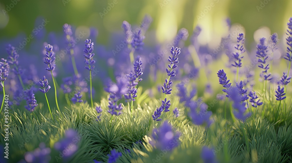 Obraz premium A field of lavender flowers bathed in the warm glow of the setting sun.