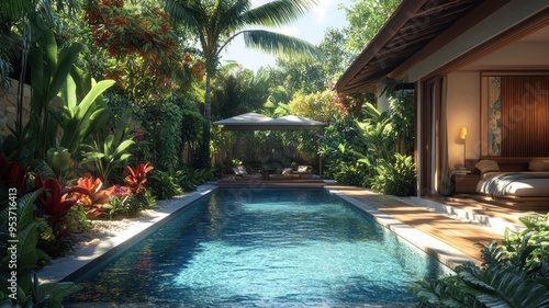 Wallpaper Mural Lagoon-Style Pool Surrounded by Lush Tropical Gardens in Elegant Villa Torontodigital.ca