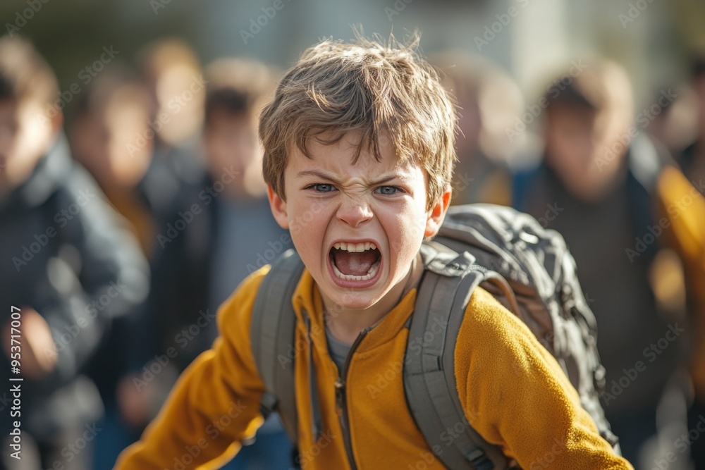 Boy with a backpack yelling in front of a crowd of people, physical bullying, social issue background Boy with a backpack yelling in front of a crowd of people, physical bullying, social issue background