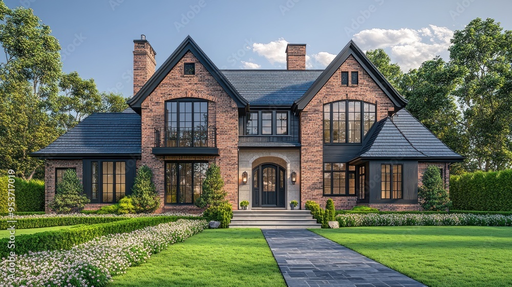 Luxurious Tudor-Style House with Brick and Timber Facade, Steep Roofs, and Green Lawn