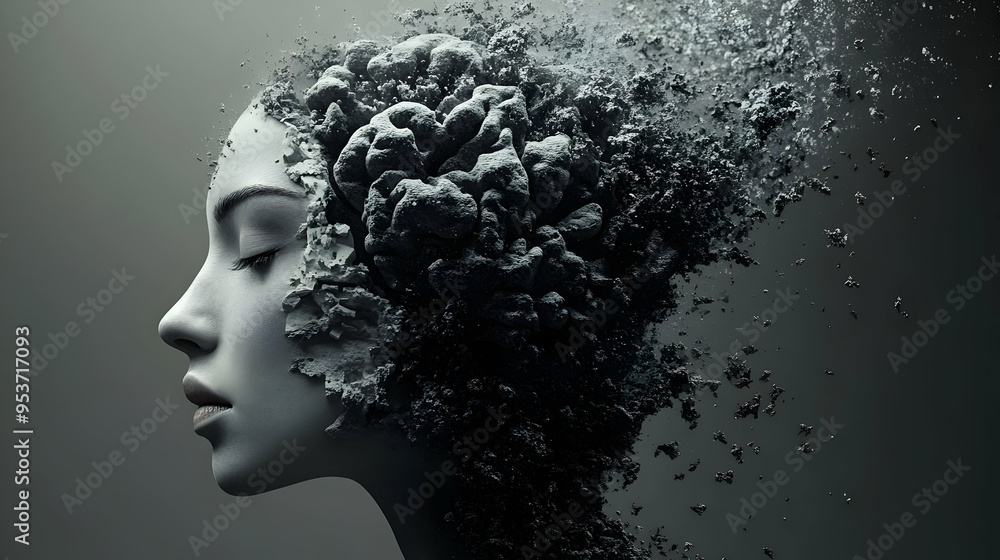 A woman's face with a dissolving brain, artfully showcasing a concept of crumbling thought. A woman's face with a dissolving brain, artfully showcasing a concept of crumbling thought.