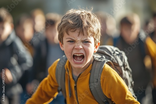 Boy with a backpack yelling in front of a crowd of people, physical bullying, social issue background