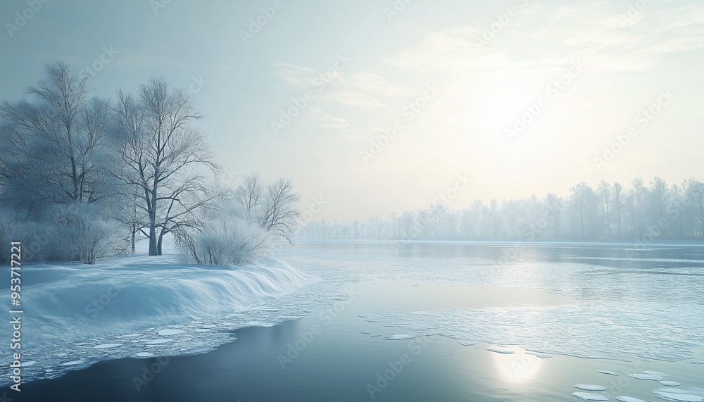 Snow covered landscape with frozen white tree and river winter season sky Snow covered landscape with frozen white tree and river winter season sky