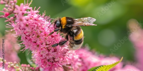 A bee exploring pink flowers, a common sight of pollination in nature. The colors and beauty of the flowers contrast with the industrious activity of the bee.