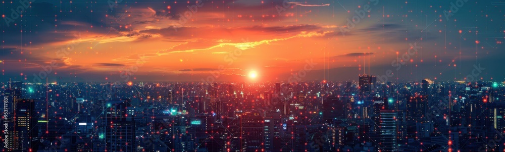 Cityscape with a sunset in the background,telecommunication industry, banner, copy space Cityscape with a sunset in the background,telecommunication industry, banner, copy space