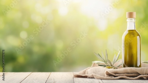 Wooden table with olive oil bottle, rustic cloth, natural light, Watercolor style