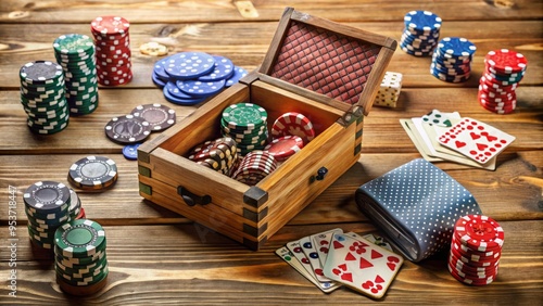 A cluttered wooden table scattered with various playing cards, poker chips, and an open game box, evoking a photo