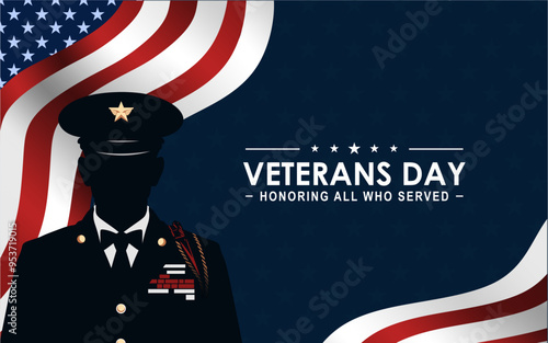 Veterans Day banner. Veterans day poster. Honoring all who served. Veterans day illustration with silhouette of a veteran soldier, American flag. modern design.