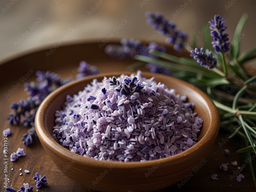 Lavender Bath Salt in Wooden Bowl with Fresh Lavender Sprigs