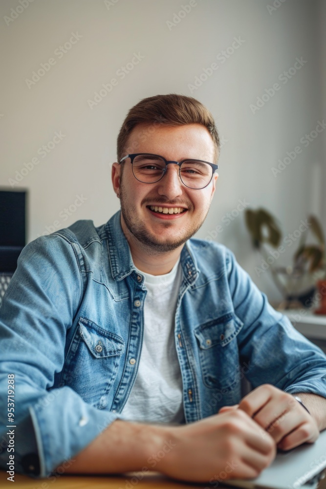 Fototapeta premium Man wearing glasses seated at desk in office environment with blurred background.