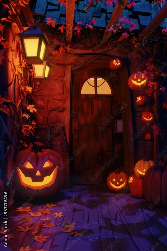 Obraz premium Halloween scene with illuminated jack-o'-lanterns lining a pathway to an eerie doorway at night.