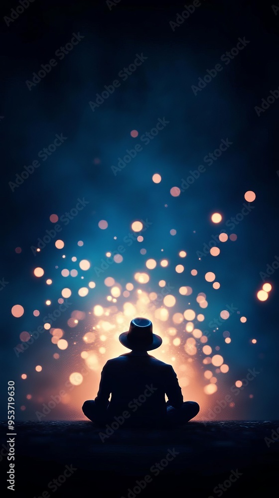 A silhouette of a person meditating amidst glowing orbs of light, creating a serene and mystical atmosphere. A silhouette of a person meditating amidst glowing orbs of light, creating a serene and mystical atmosphere.