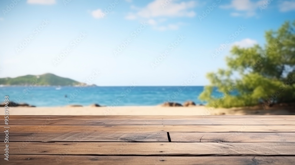 Fototapeta premium Wood table top on blur beach background