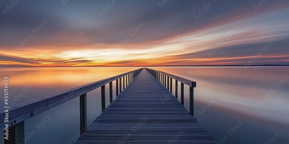 Fototapeta premium A wooden pier extends out into a calm sea at sunset, with a colorful sky and the reflection of the sun on the water.