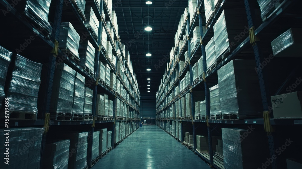 Stacked Boxes in a Dark Warehouse Aisle Stacked Boxes in a Dark Warehouse Aisle