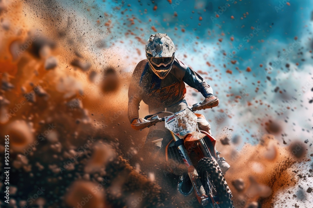 Fototapeta premium Motocross bike kicks up dirt while roaring by.