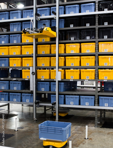 Autonomous robot picking materials from multi-layer rack in modern industrial warehouse.