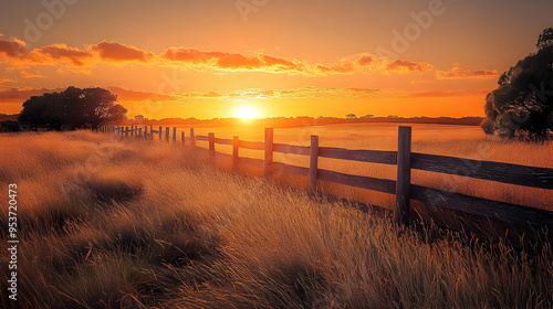 A wooden fence leads to a glowing sunset in a field of tall grass.