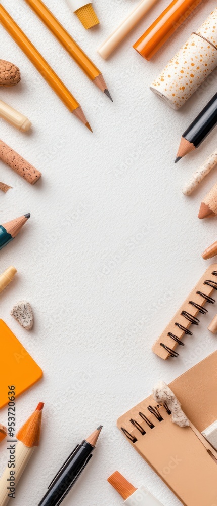 A creative flat lay of various stationery items on a blank surface, featuring vibrant colors and textures for artistic inspiration. A creative flat lay of various stationery items on a blank surface, featuring vibrant colors and textures for artistic inspiration.