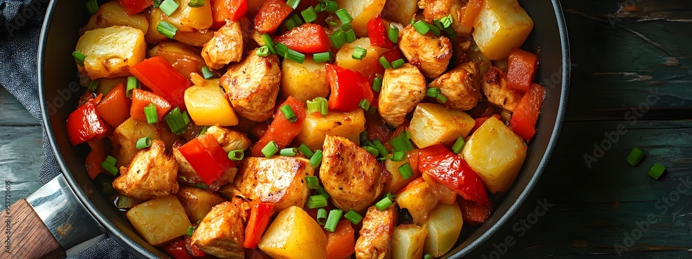 A large pot of sautéed potatoes, chicken pieces, and vegetables with red pepper cubes and green onion slices on top A large pot of sautéed potatoes, chicken pieces, and vegetables with red pepper cubes and green onion slices on top