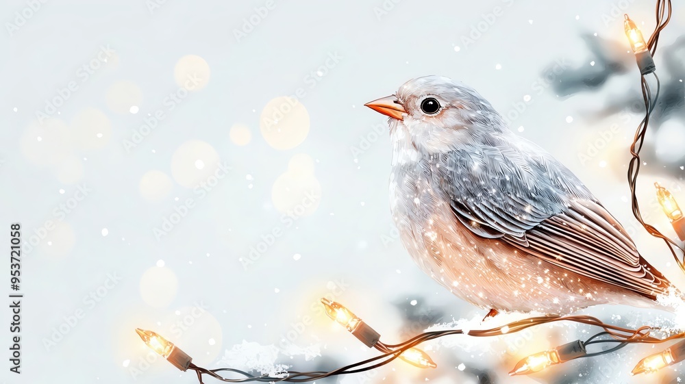 Christmas bird with shimmering feathers, surrounded by warm festive lights, snowy backdrop, watercolor style Christmas bird with shimmering feathers, surrounded by warm festive lights, snowy backdrop, watercolor style