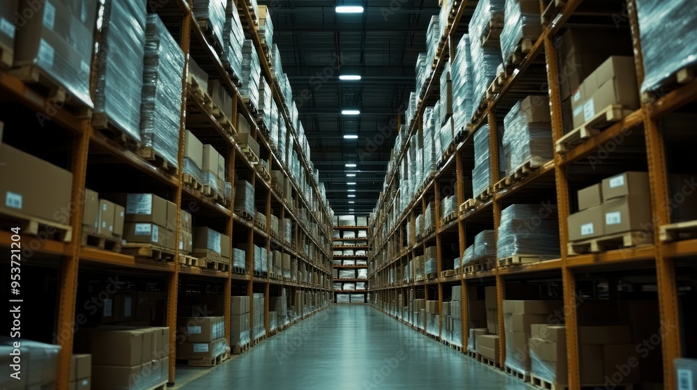 An aisle in a warehouse with stacked cardboard boxes on shelves An aisle in a warehouse with stacked cardboard boxes on shelves