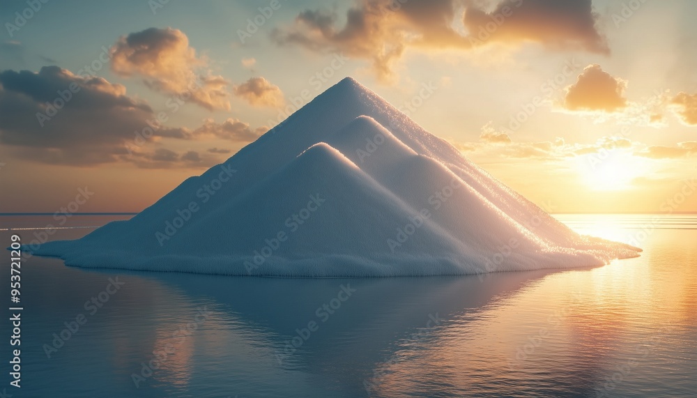 Salt pile production harvest on the beach, evaporation ocean water with sunset Salt pile production harvest on the beach, evaporation ocean water with sunset