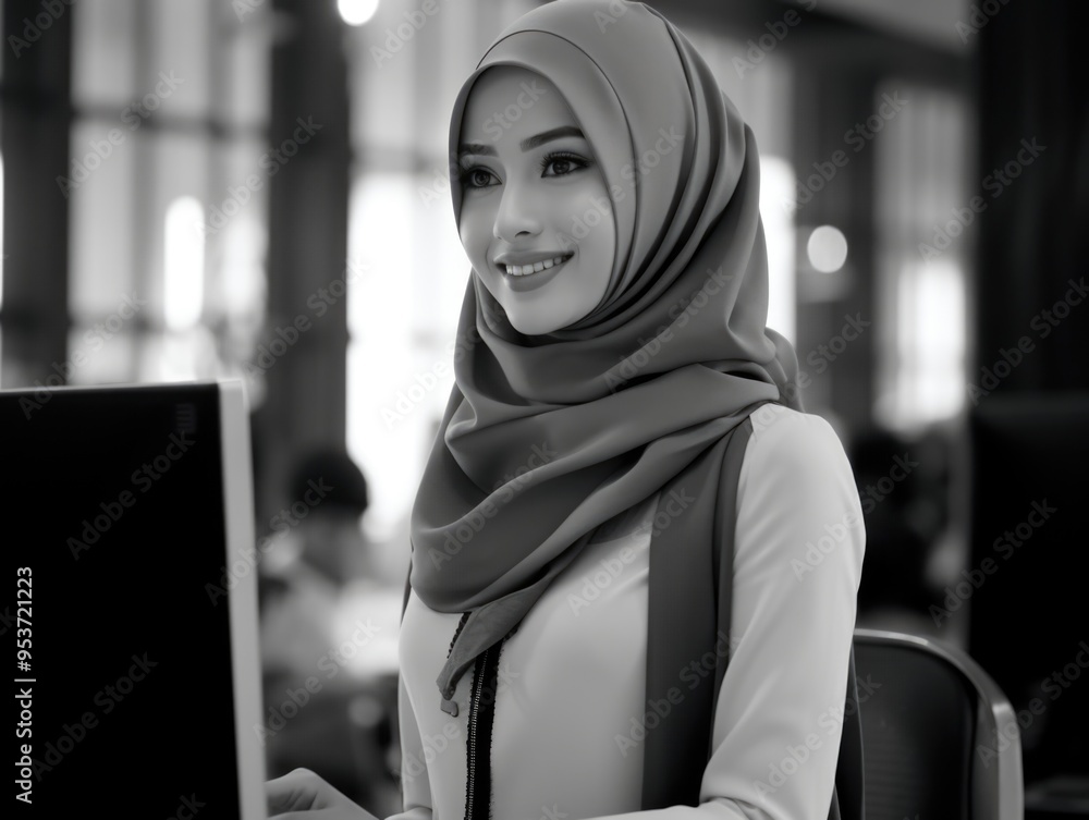 Muslim woman wearing hijab working on computer in office setting. Professional attire and modern work environment depicted. Muslim woman wearing hijab working on computer in office setting. Professional attire and modern work environment depicted.