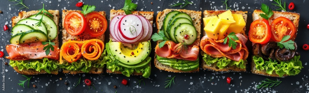 Many slices of bread with different toppings on them, food background, banner Many slices of bread with different toppings on them, food background, banner