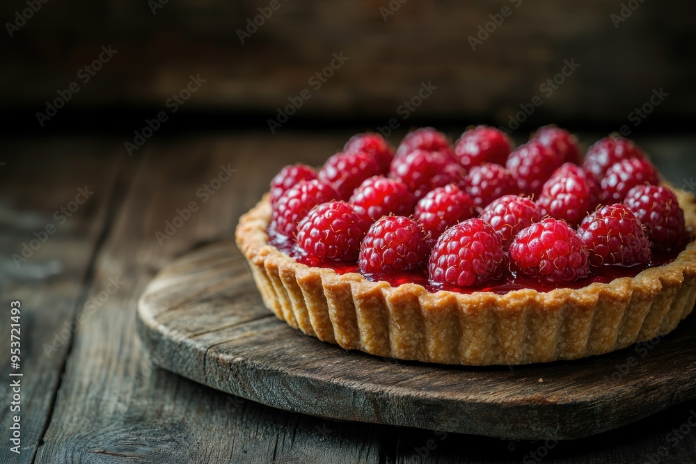 Fresh Raspberry Tart on Wooden Surface Fresh Raspberry Tart on Wooden Surface