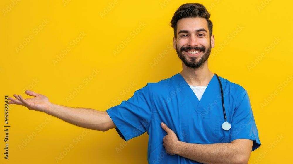 Smiling Hispanic male nurse in blue uniform pointing at camera. Smiling Hispanic male nurse in blue uniform pointing at camera.