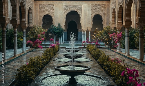 A symmetrical fountain with water flowing down a series of stone basins in a courtyard with columns, arches and flowers. photo