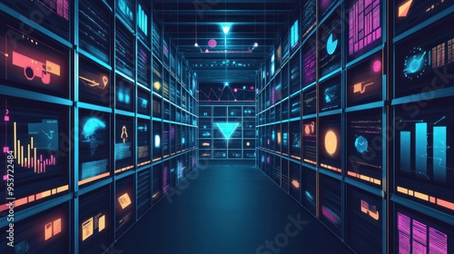 Futuristic Server Room with Glowing Data Screens photo