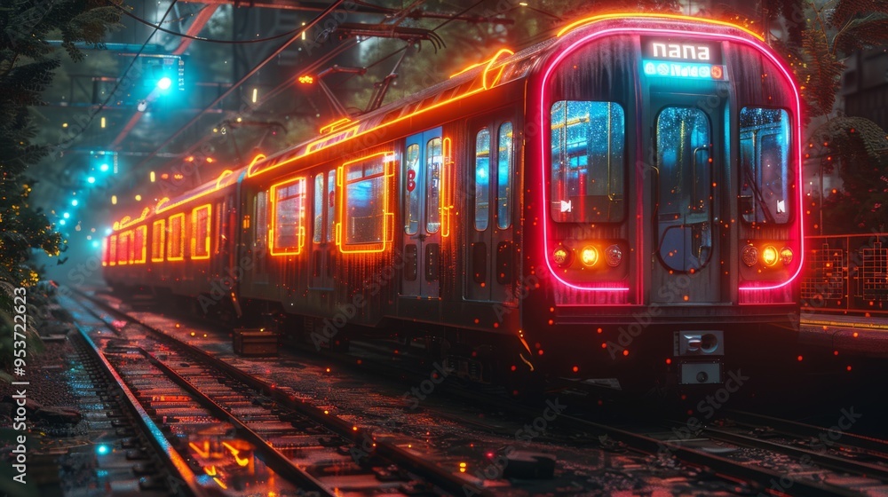 Obraz premium Devise a neon set of public transportation symbols, including illuminated