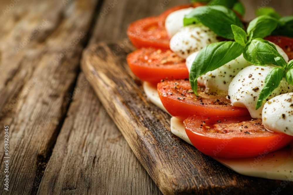 Fresh Caprese Salad on Rustic Wooden Board Fresh Caprese Salad on Rustic Wooden Board