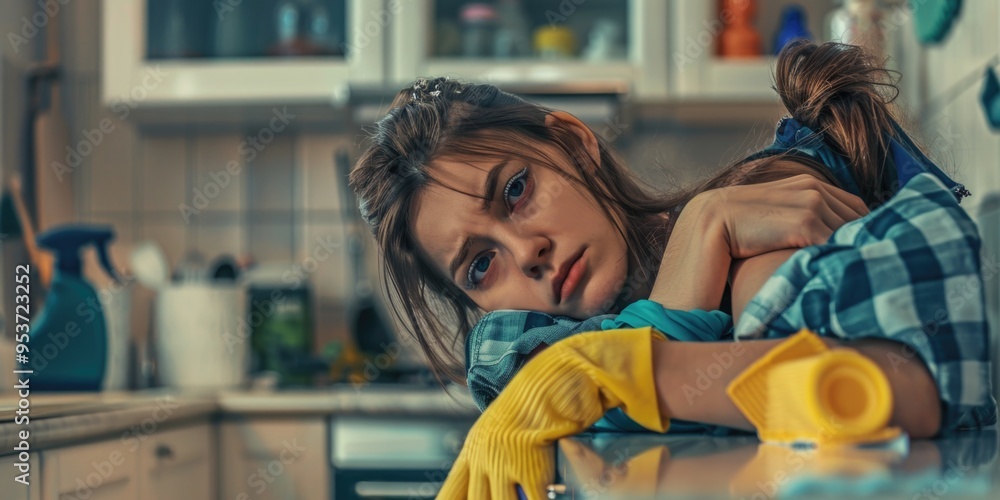 A tender moment in a home, where a young woman is multitasking between domestic chores and caring for her child. A tender moment in a home, where a young woman is multitasking between domestic chores and caring for her child.
