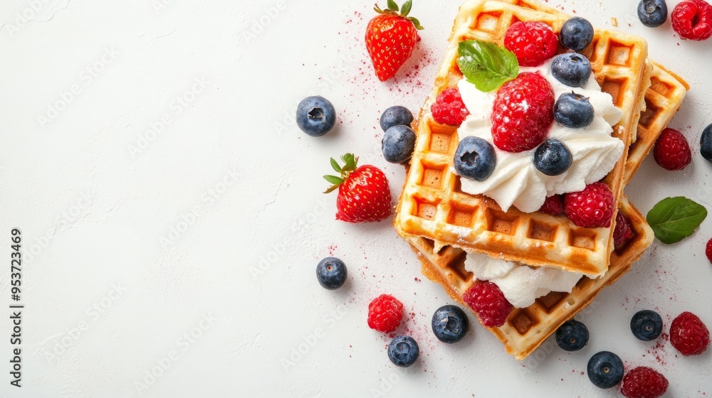 A high-quality AI-generated stock image of a stack of crispy waffles topped with berries and whipped cream on the right side, leaving space on the left for text. Perfect for breakfast menus. A high-quality AI-generated stock image of a stack of crispy waffles topped with berries and whipped cream on the right side, leaving space on the left for text. Perfect for breakfast menus.