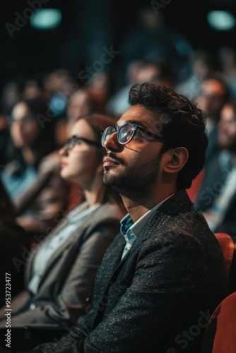 Indian male in smart business attire, looking contemplative or bored while seated front row at a corporate event.