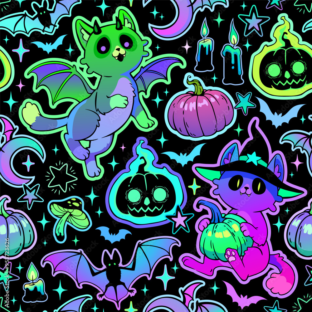 Fototapeta premium Bright Halloween pattern with cute cats and pumpkins
