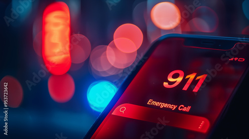Closeup of smartphone dialing Emergency number 911. Blurred bokeh background. Concept of calling for help.