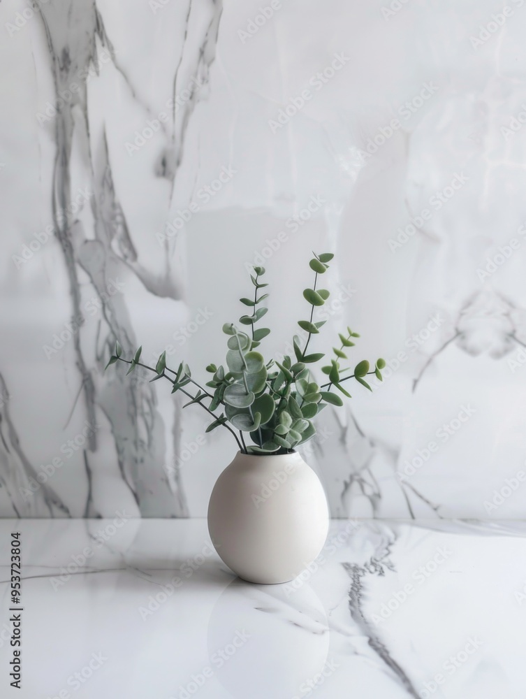 Fototapeta premium Vase of potted succulent in marbled ceramic pot, set on a reflective surface.